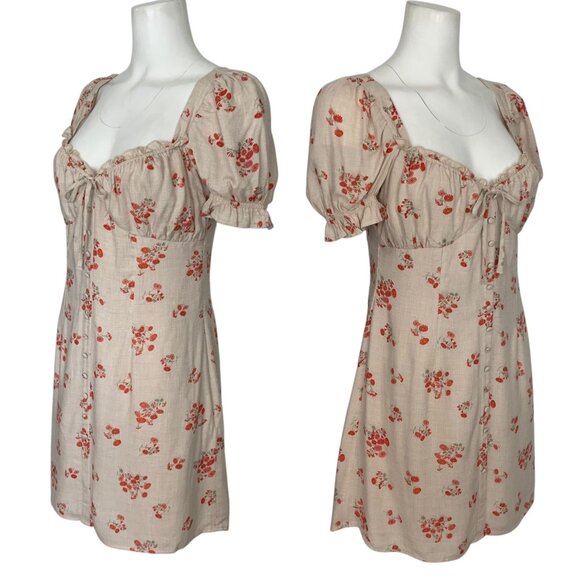 Bardot Lucinta Mini Dress 8 M Beige Floral Puff Sleeve Bohemian Spring Summer - Picture 3 of 12